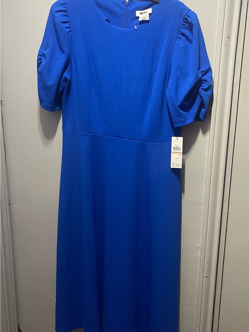 DKNY Bold Cobalt Midi Dress with Puff Sleeves